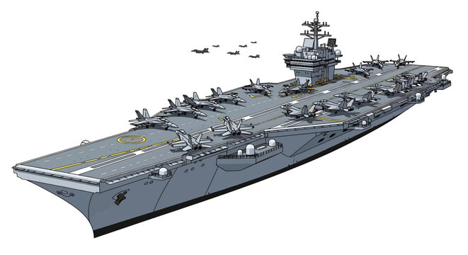 Illustration of a modern us navy aircraft carrier with fighter jets on the flight deck