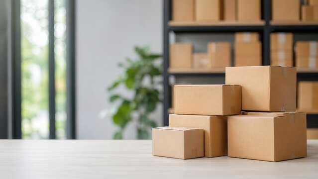 Stacked cardboard shipping boxes on table in modern stockroom