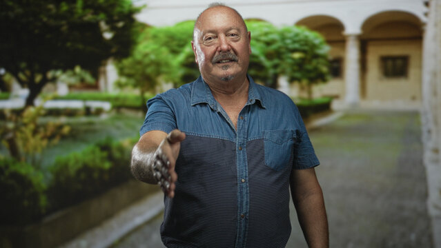 Man extends outstretched hand for handshake in a building courtyard with arches, columns and garden path; warm welcome.