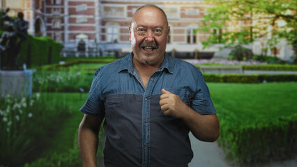 Fototapeta premium Man giving thumbs up with bare hand and pointing gesture in front of building, smiling and wearing denim shirt; joy confidence.