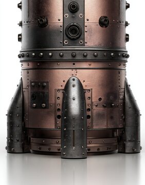 Displayed on a white background is a tall steampunk tower structure with rust patina
