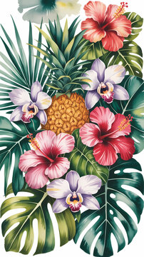 A watercolor painting showcasing an exotic tropical arrangement with vibrant hibiscus flowers in cor