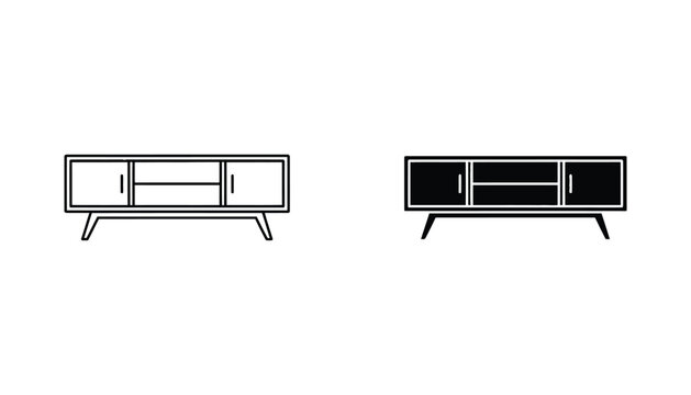 Modern TV stand console icon in outline and solid black style for furniture and interior design