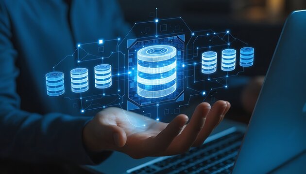 Engineer holding database icons, representing data integration, ETL processes, data pipelines, and centralized data warehouse solutions for efficient data management and data connection concept
