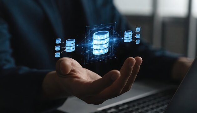 Engineer holding database icons, representing data integration, ETL processes, data pipelines, and centralized data warehouse solutions for efficient data management and data connection concept