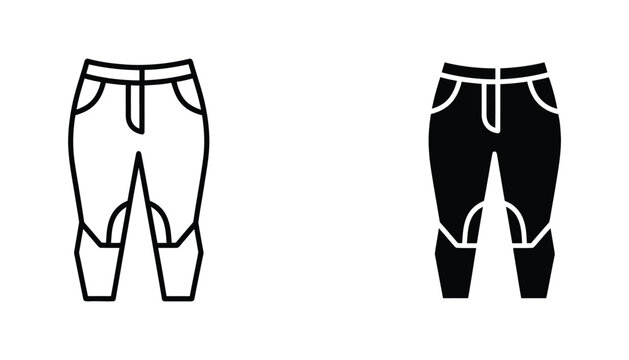 Equestrian riding breeches or pants outline and solid black silhouette icon set for sports and outdoor fashion design isolated on white background