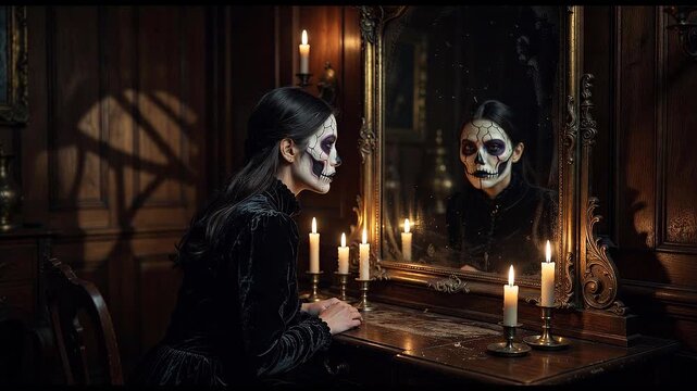 Woman with skull makeup looks into an ornate mirror in a dark, candlelit room for Halloween costume concept and gothic mystery