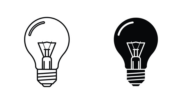 Classic glowing light bulb icon set featuring both thin line art and solid black filled versions for innovation and idea concepts