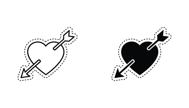 Heart pierced by an arrow icon set with a dashed border in both outline and solid black silhouette styles for romantic and love themes
