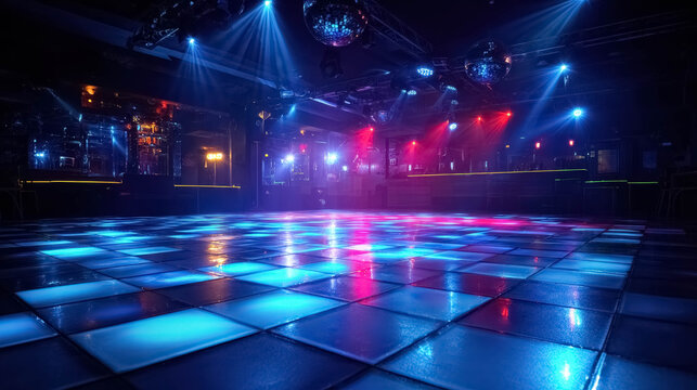 Empty nightclub dance floor with colorful strobe lights and disco atmosphere