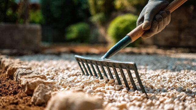Garden rake leveling gravel path in backyard landscaping outdoor manual work