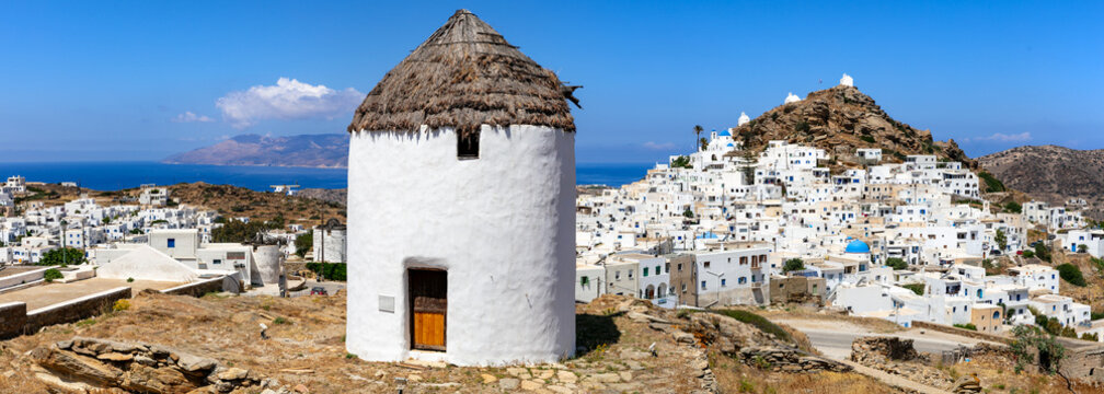 Ios Island Greece Panorama, Traditional Windmills with Straw Roofs on Hilltop, Scenic View of Chora Town with Blue Dome Churches and White Houses, Aegean Sea and Neighboring Islands Aerial View 11K