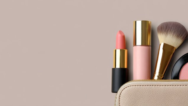 The open cosmetic bag is surrounded by scattered daily makeup items
