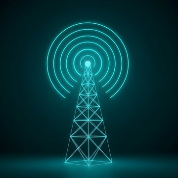 Wireless network communication futuristic tower broadcasting signals for global connectivity