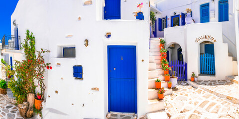 Fototapeta premium Lefkes Paros Greece Traditional Street, White Houses with Blue Doors and Stone Stairs, greek Rustic Charm Aesthetics with Floral Decor, Typical Cycladic Architecture and Pavement Summer Travel