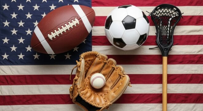 American sports equipment on a us flag background with rugby ball soccer ball baseball glove and lacrosse stick