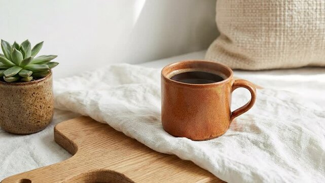 Steaming ceramic coffee mug sitting on a wooden cutting board with succulent plant in this aesthetic motion video clip animation