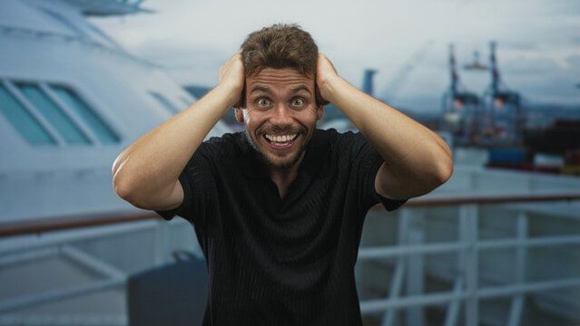 Man holding hands on head with wide eyes and open mouth standing on cruise ship building deck by railing during daylight; surprise adventure.