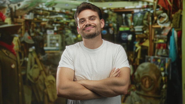 Man with arms crossed revealing forearms and a slight smile among antique items in a shop building filled with vintage gear; confidence.