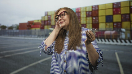 Fototapeta premium Woman holding clear spare glasses in hand and touching temple, smiling in front of stacked shipping containers on a street; thoughtful memory.