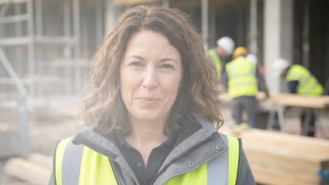 Smiling female architect or engineer in a yellow high-visibility vest standing confidently on an active construction site video.