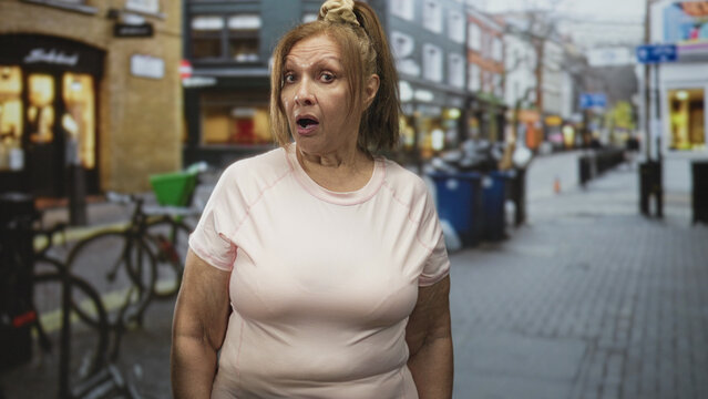 Senior hispanic woman in pink t-shirt, mouth open in a gasp while standing near parked bicycles on a busy city street; surprise.