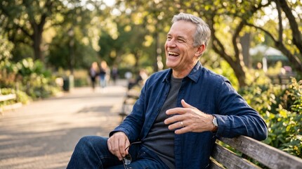 Fototapeta premium Happy mature man laughing outdoors in warm natural sunlight
