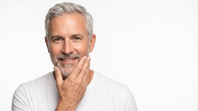 Mature man with silver hair touching face in skincare portrait