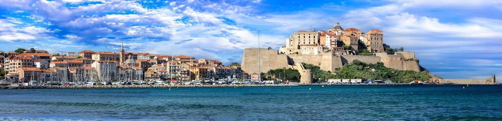 Obraz premium Calvi Corsica France 17K panorama. Deserted sandy beach with waves and historic Genoese fortress view in bright sun light. French island travel scenery. World Print 17000px summer sea
