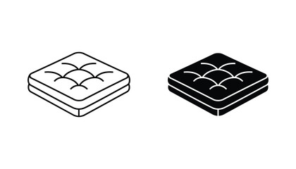 Fototapeta premium Square quilted cushion or mattress icon set featuring isometric line art and solid black vector design for furniture retail