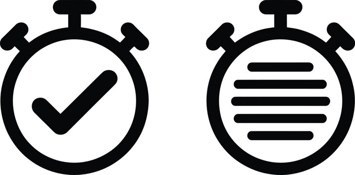 Stopwatch icon set, collection of timers showing progression from zero to checkmark for time management deadline tracking and success indication design.