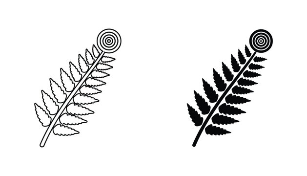 Fern leaf with spiral fiddlehead vector icon set showing line art and solid black styles for botanical design and natural eco friendly branding projects on clean white backdrop
