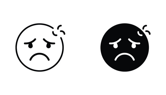 Sad face emoji icon set featuring outline and solid black silhouette styles for user experience feedback and emotional expression design