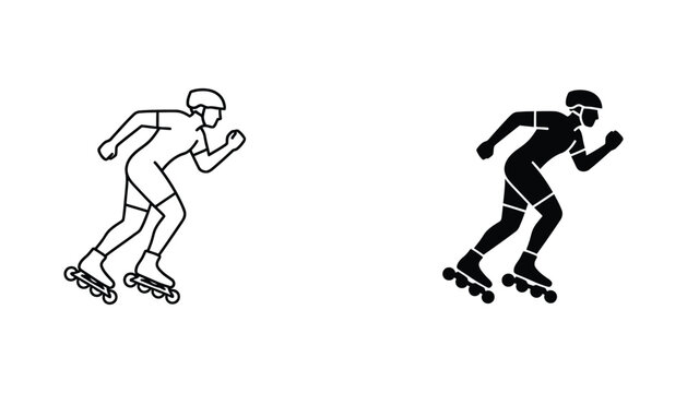 Person inline skating vector icon set in active motion with line art and solid black silhouette styles for sports fitness and outdoor recreation graphic design projects on white background