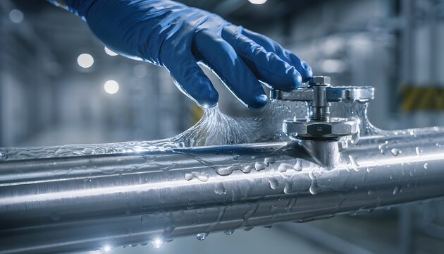 Stainless steel pipe viewed through thin water film with refracted distortion effect, close macro industrial surface illustrating optical distortion and fluid interference concept