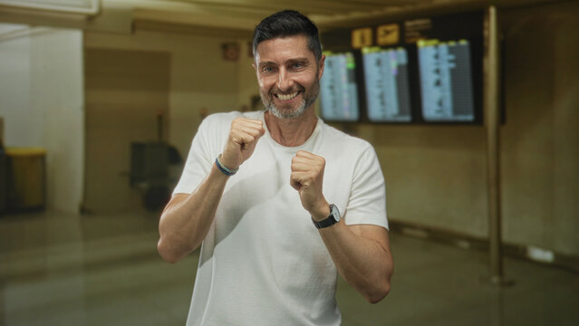 Man with fists raised, forearms exposed, smiling at camera in airport terminal near flight board; joy celebration.