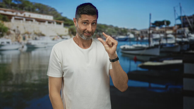 Hispanic man pinching fingers to show a small amount at a sunny port with boats and seaside village; playful teasing.