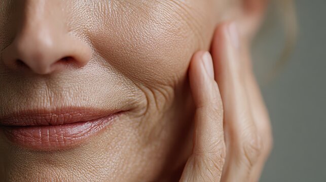 Close Up Detailed View of Mature Facial Skin with Visible Wrinkles and Natural Texture as Hand Touches Cheek, Realistic Aging Concept for Dermatology Skincare Health Beauty and Human Anatomy Themes