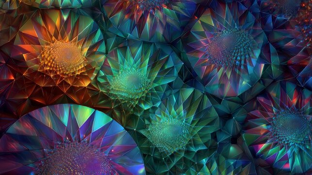 Vibrant Abstract Geometric Crystal Pattern with Iridescent Multicolor Facets, Symmetrical Fractal Shapes and 3D Polygonal Structures Creating a Dynamic Modern Digital Artwork Background