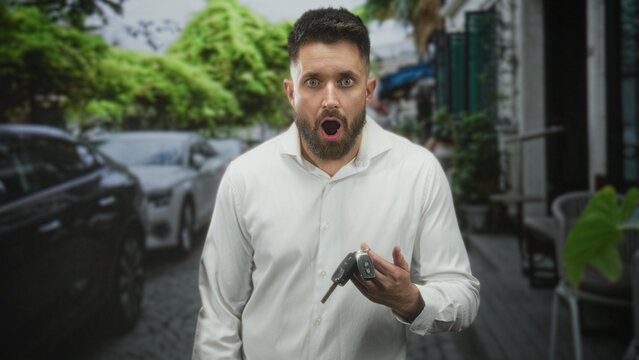 Man holding car keys in right hand with mouth open in shock, beard and eyes wide, standing by parked cars and sidewalk cafe on street; surprise.