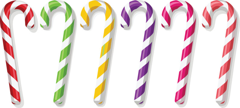 Colorful Candy Cane Set with Striped Christmas Sweets, Festive Holiday Treats Collection in Red, Green, Yellow, Purple and Pink