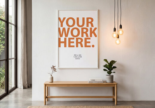 Vertical poster frame Mockup on a wall in modern interior