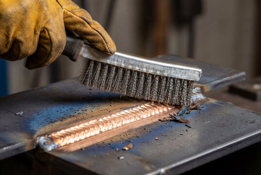 Gloved Hand Cleaning Steel Weld Joint with Wire Brush