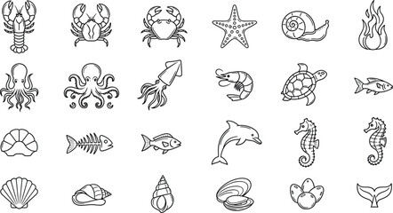 Outline Sea Life and Ocean Creature Icon Set with Crab, Octopus, Dolphin, Seahorse, Turtle, and Shell for Marine and Nature Designs © mdnazrul