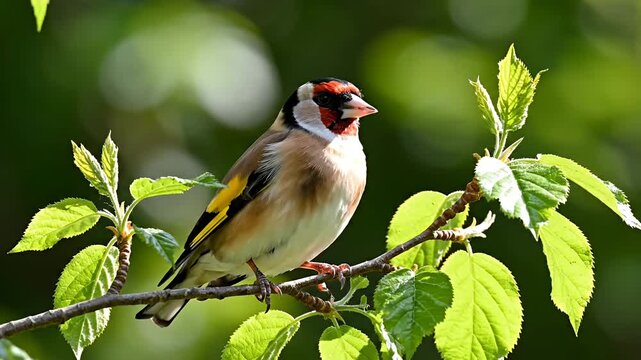 European Goldfinch perched on a leafy branch in spring sunlight