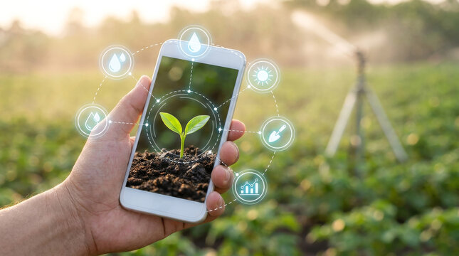 Smart farming technology with a smartphone displaying a growing plant, agricultural innovation for sustainable crop management, digital agriculture solutions for modern farms