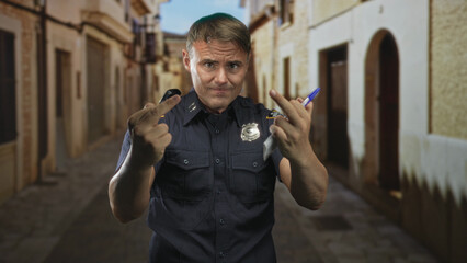 Obraz premium Police officer man shows middle fingers while holding pen and notepad, wearing badge and uniform on a narrow cobblestone street; defiance.