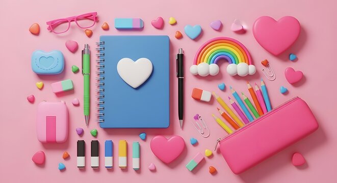 Colorful flat lay of stationery supplies with heart, scissors, and washi tape on blue notebook colorful stationery