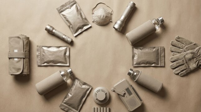 Top Down Editorial Flat Lay of Neutral Crisis Preparedness Objects