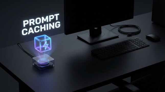 Innovative AI prompt caching device on a modern desk with a computer, keyboard, and mouse, highlighting efficient data processing